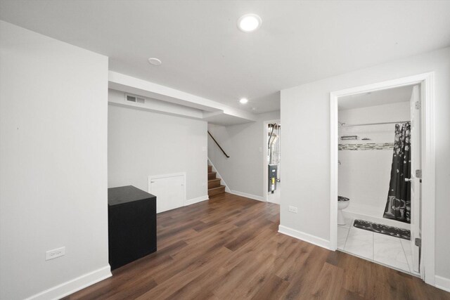 2708 Oxford Dr, Markham, IL 60426 - finished basement featuring recessed lighting, stairway, wood finished floors, visible vents, and baseboards