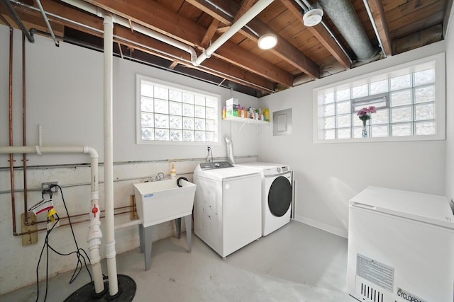 2708 Oxford Dr, Markham, IL 60426 - laundry area with a sink, wooden ceiling, washing machine and dryer, baseboards, and laundry area