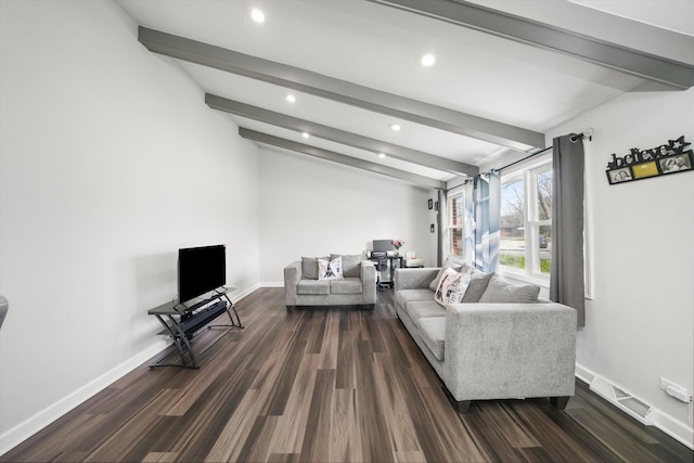 2708 Oxford Dr, Markham, IL 60426 - living room featuring beamed ceiling, dark wood-type flooring, and recessed lighting