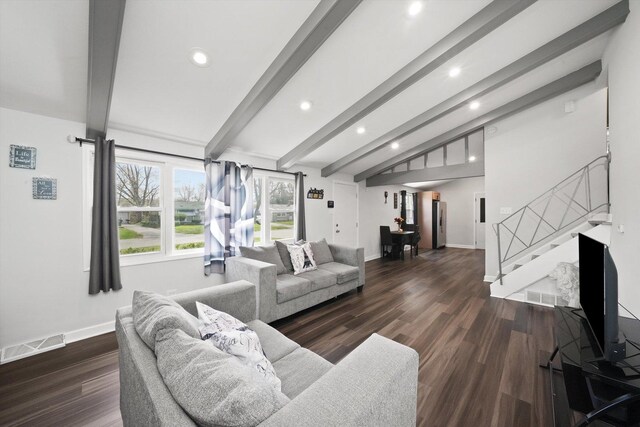 2708 Oxford Dr, Markham, IL 60426 - living area featuring vaulted ceiling with beams, baseboards, visible vents, recessed lighting, and wood finished floors