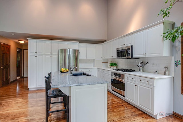 16737 W Cherrywood Ln, Wadsworth, IL 60083 - kitchen with light wood-style flooring, a towering ceiling, a sink, and stainless steel appliances
