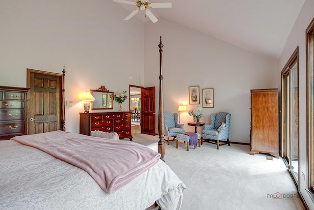 16737 W Cherrywood Ln, Wadsworth, IL 60083 - bedroom with high vaulted ceiling, light colored carpet, baseboards, and a ceiling fan