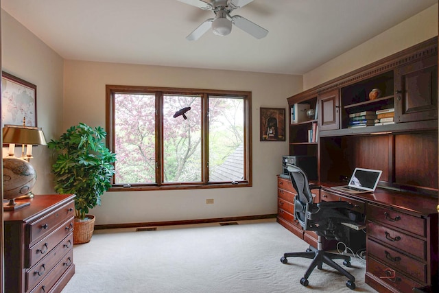 16737 W Cherrywood Ln, Wadsworth, IL 60083 - office area with light carpet, visible vents, baseboards, and ceiling fan