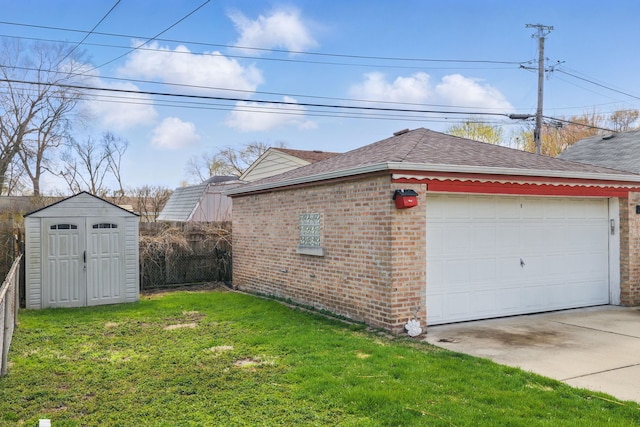 view of side of home with a storage shed, an outbuilding, fence, brick siding, and a lawn