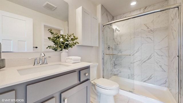 405 Filson St, La Grange, IL 60525 - full bathroom featuring visible vents, vanity, toilet, recessed lighting, and a marble finish shower