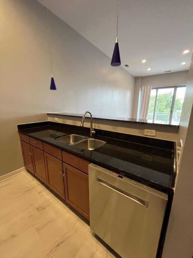 3920 N Sheridan Rd Unit 508, Chicago, IL 60613 - kitchen with dishwasher, light marble finish floors, hanging light fixtures, recessed lighting, and dark stone countertops