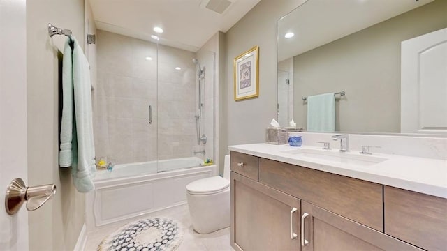 full bath featuring recessed lighting, toilet, bath / shower combo with glass door, visible vents, and tile patterned floors