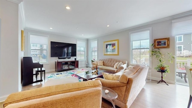 living room with crown molding, baseboards, and a healthy amount of sunlight