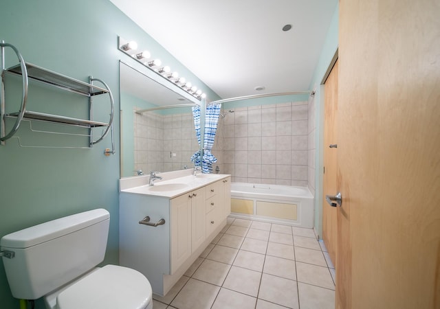 full bath with toilet, shower / tub combo, vanity, and tile patterned flooring