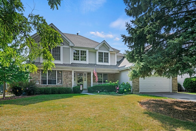 view of front of house featuring a garage, brick siding, a front lawn, and aphalt driveway