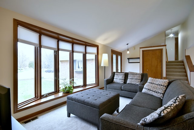 1167 Timberlane Ct, Naperville, IL 60540 - living room featuring carpet flooring, stairway, visible vents, and lofted ceiling