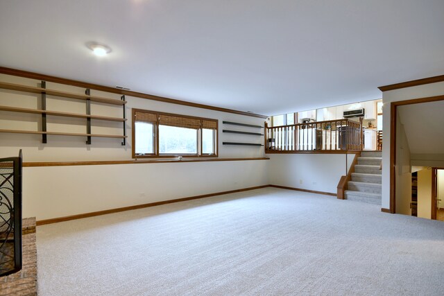 1167 Timberlane Ct, Naperville, IL 60540 - unfurnished living room featuring baseboards, ornamental molding, carpet, and stairs