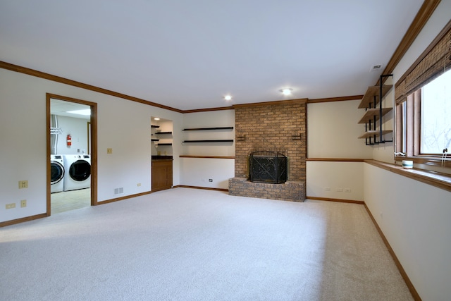 1167 Timberlane Ct, Naperville, IL 60540 - unfurnished living room with baseboards, crown molding, independent washer and dryer, and light carpet