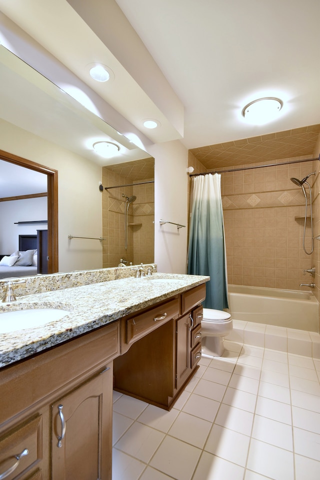 1167 Timberlane Ct, Naperville, IL 60540 - full bathroom with tile patterned flooring, double vanity, toilet, shower / bathtub combination with curtain, and a sink