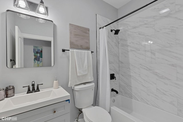 full bathroom featuring shower / bath combo, toilet, and vanity