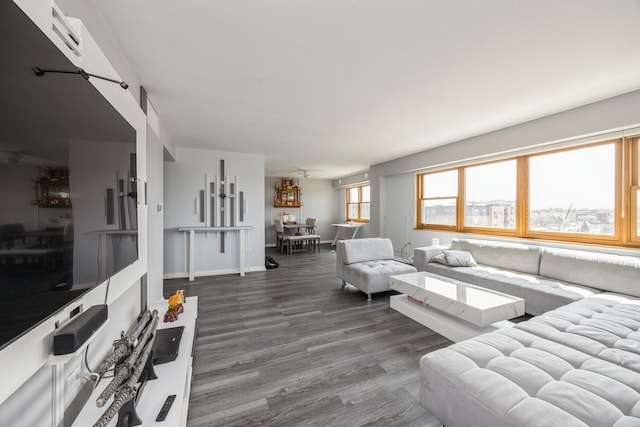 living room with baseboards and wood finished floors