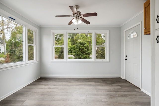 135 Cora Ave, Fox Lake, IL 60020 - entryway with healthy amount of natural light, ceiling fan, light wood-style floors, ornamental molding, and baseboards
