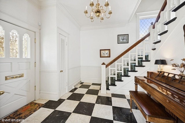 607 Thatcher Ave, River Forest, IL 60305 - entryway featuring crown molding, stairs, tile patterned floors, and a notable chandelier