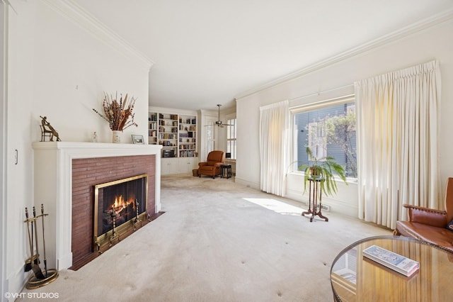 607 Thatcher Ave, River Forest, IL 60305 - living room featuring crown molding, built in features, a brick fireplace, and carpet floors