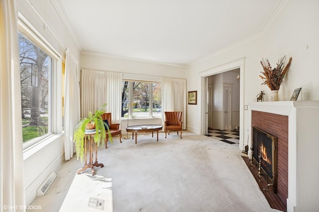 607 Thatcher Ave, River Forest, IL 60305 - sitting room featuring a brick fireplace, visible vents, ornamental molding, and carpet