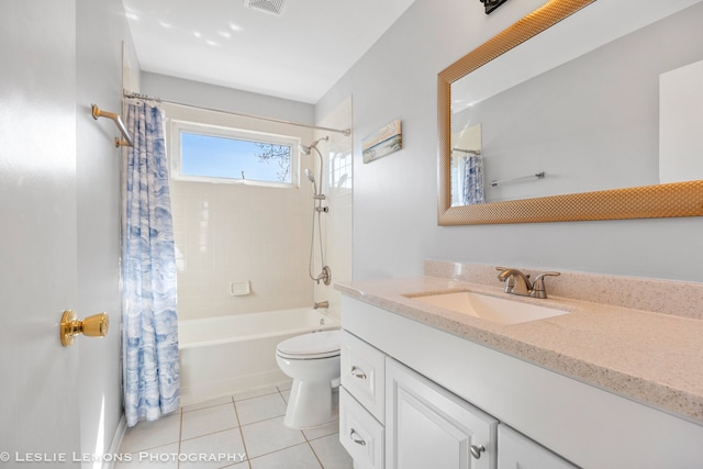 full bath with vanity, shower / bathtub combination with curtain, toilet, tile patterned flooring, and visible vents