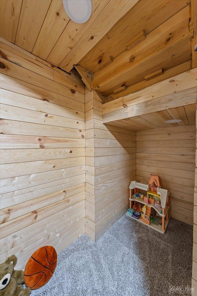 playroom with wooden walls, carpet floors, and wood ceiling