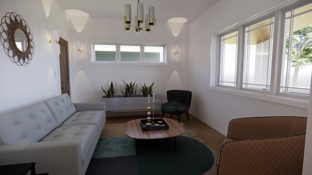 living room featuring a notable chandelier and wood finished floors