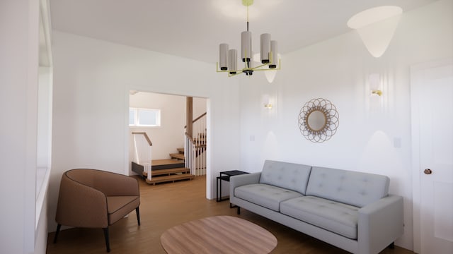 living area featuring a chandelier, wood finished floors, and stairway