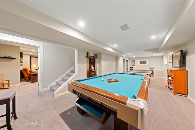 game room with baseboards, light carpet, and billiards