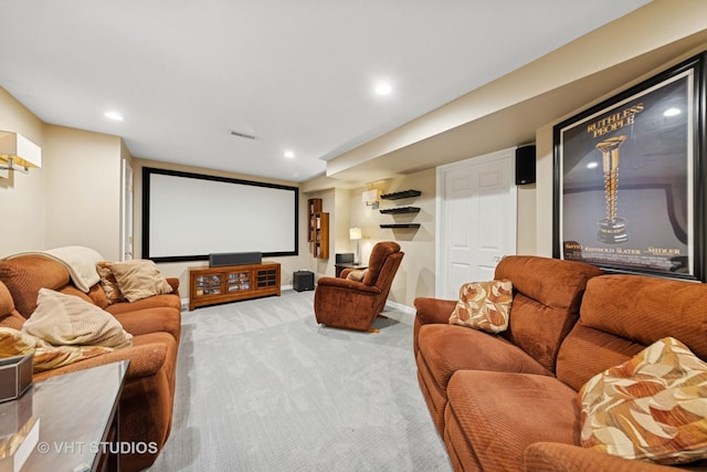 cinema with carpet floors, recessed lighting, and baseboards