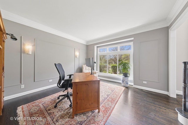 home office with crown molding, baseboards, and dark wood-type flooring
