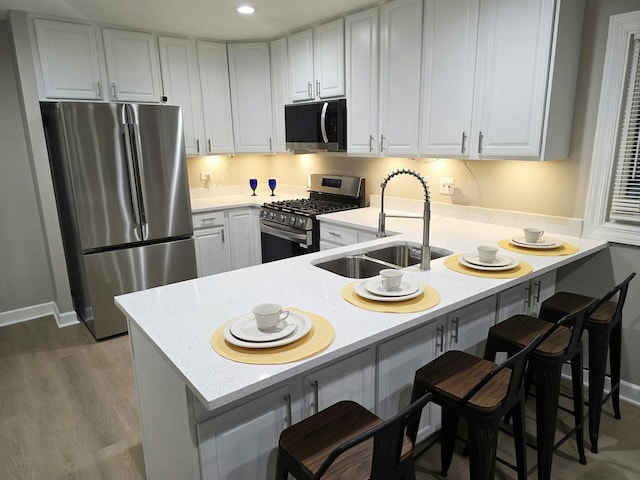 kitchen with a sink, baseboards, a peninsula, and stainless steel appliances