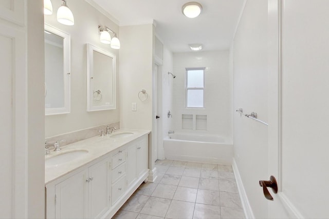 full bath with double vanity, shower / tub combination, marble finish floor, and a sink