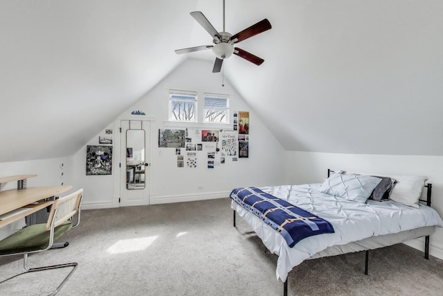 carpeted bedroom featuring baseboards, a ceiling fan, and lofted ceiling