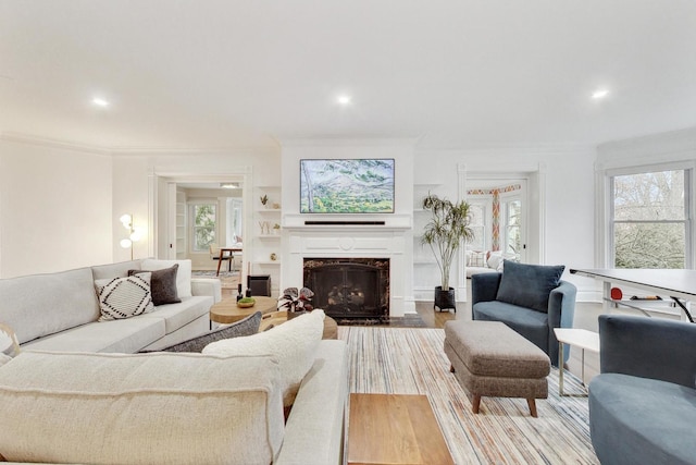 living room with wood finished floors, a fireplace, crown molding, and a healthy amount of sunlight