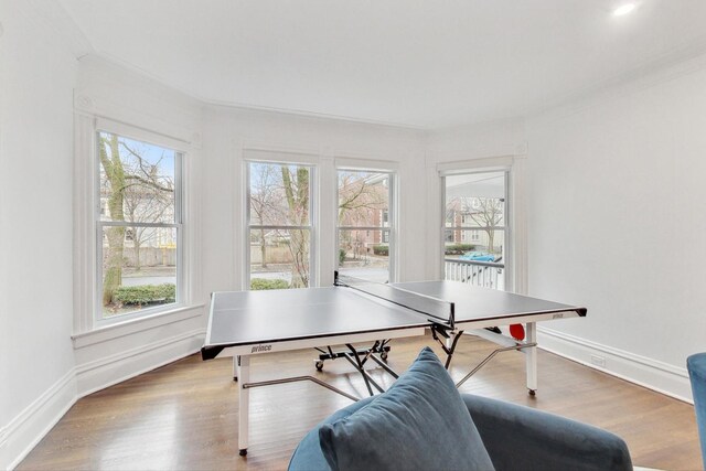 recreation room with plenty of natural light, baseboards, crown molding, and wood finished floors