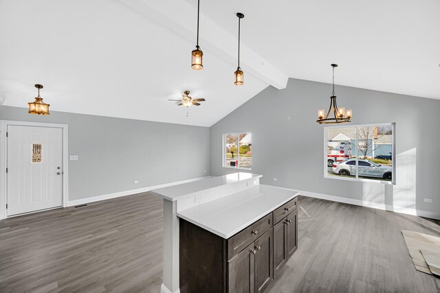1409 172nd St, Hazel Crest, IL 60429 - kitchen featuring open floor plan, wood finished floors, ceiling fan with notable chandelier, and lofted ceiling with beams