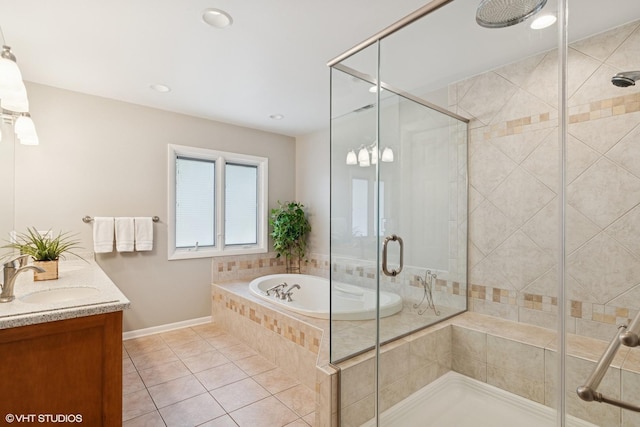 1831 Ellendale Dr, Northbrook, IL 60062 - bathroom featuring a bath, tile patterned flooring, a shower stall, double vanity, and baseboards