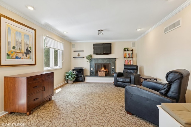 1831 Ellendale Dr, Northbrook, IL 60062 - living room with crown molding, a fireplace, light colored carpet, baseboards, and recessed lighting
