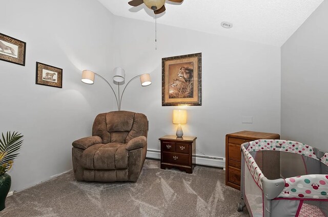 10922 Massasoit Ave, Chicago Ridge, IL 60415 - living area with baseboard heating, ceiling fan, vaulted ceiling, and carpet floors