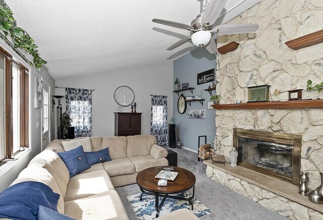 10922 Massasoit Ave, Chicago Ridge, IL 60415 - living room with a fireplace, carpet, a textured ceiling, a ceiling fan, and vaulted ceiling