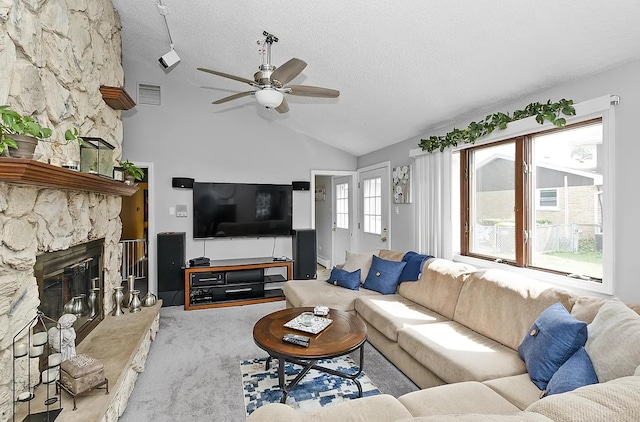 10922 Massasoit Ave, Chicago Ridge, IL 60415 - carpeted living room featuring visible vents, a textured ceiling, vaulted ceiling, and ceiling fan