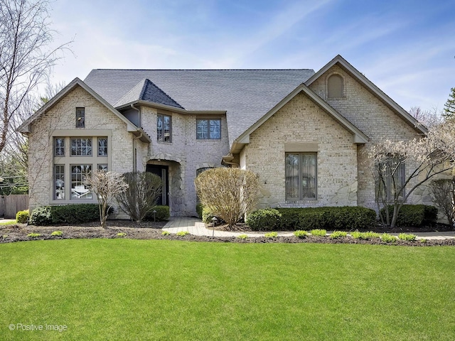 116 Springlake Ave, Hinsdale, IL 60521 - french country home with a front lawn, roof with shingles, and stone siding