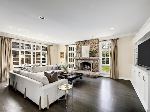 116 Springlake Ave, Hinsdale, IL 60521 - living area with dark wood-type flooring, a stone fireplace, ornamental molding, and recessed lighting