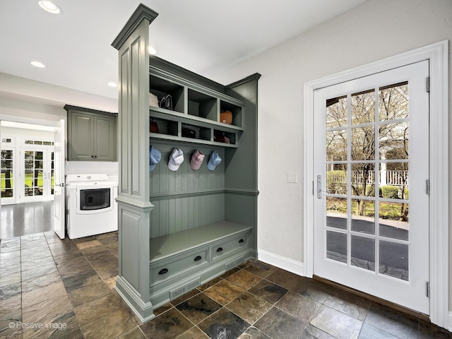 116 Springlake Ave, Hinsdale, IL 60521 - mudroom featuring recessed lighting, stone tile floors, visible vents, baseboards, and washer / clothes dryer