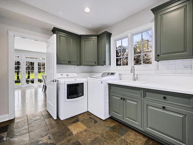 116 Springlake Ave, Hinsdale, IL 60521 - clothes washing area featuring washing machine and clothes dryer, a sink, cabinet space, stone finish flooring, and recessed lighting