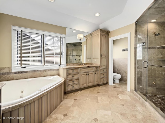 116 Springlake Ave, Hinsdale, IL 60521 - full bath featuring a stall shower, vanity, a whirlpool tub, toilet, and tile patterned flooring