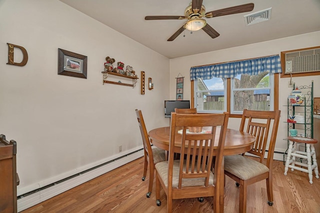 102 Robinson Dr, Morris, IL 60450 - dining area with a baseboard heating unit, light wood-style floors, a ceiling fan, and a wall mounted AC