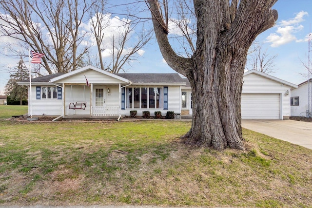 313 W S St, Pearl City, IL 61062 - ranch-style house with covered porch, roof with shingles, a front yard, an attached garage, and driveway