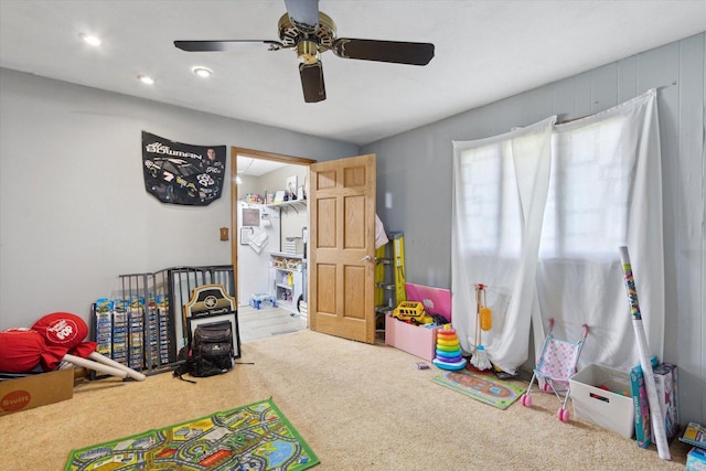 313 W S St, Pearl City, IL 61062 - playroom featuring ceiling fan, carpet, and recessed lighting